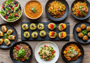 Uma vista de cima de uma mesa de madeira rústica repleta de diversos e coloridos pratos vegetarianos, representando Delícias Vegetarianas: 10 Receitas Irresistíveis Que Você Precisa Experimentar Hoje!. Há saladas frescas com frutas vermelhas, sopa de lentilha reconfortante, macarrão de vegetais saboroso, cogumelos recheados apetitosos e pequenos aperitivos criativos. A variedade e a apresentação dos pratos destacam a culinária vegetariana como deliciosa e convidativa. Palavras-chave: Receitas Vegetarianas, Comida Vegetariana, Culinária Vegetariana, Alimentação Vegetariana, Pratos Vegetarianos.