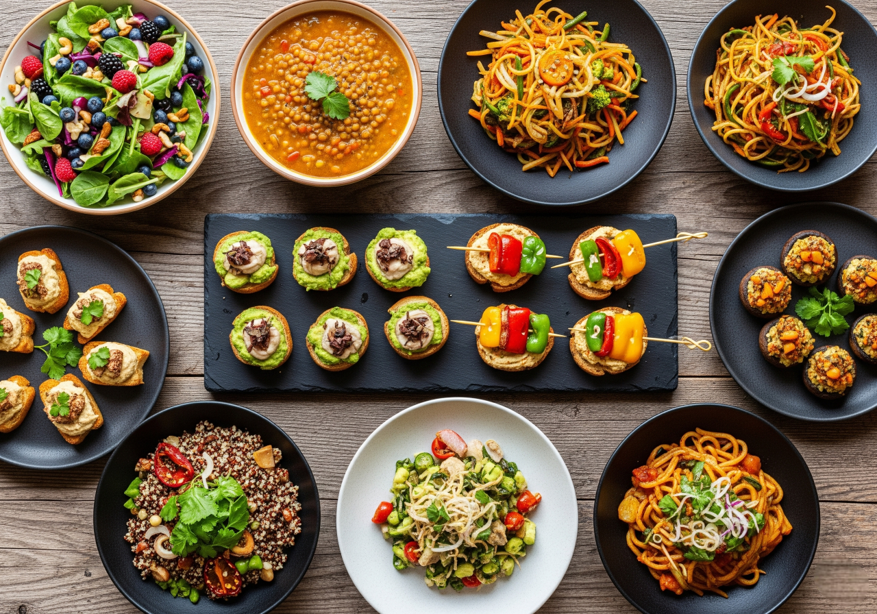 Uma vista de cima de uma mesa de madeira rústica repleta de diversos e coloridos pratos vegetarianos, representando Delícias Vegetarianas: 10 Receitas Irresistíveis Que Você Precisa Experimentar Hoje!. Há saladas frescas com frutas vermelhas, sopa de lentilha reconfortante, macarrão de vegetais saboroso, cogumelos recheados apetitosos e pequenos aperitivos criativos. A variedade e a apresentação dos pratos destacam a culinária vegetariana como deliciosa e convidativa. Palavras-chave: Receitas Vegetarianas, Comida Vegetariana, Culinária Vegetariana, Alimentação Vegetariana, Pratos Vegetarianos.