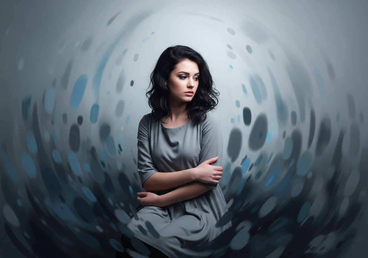 Uma jovem com cabelo escuro e ondulado, vestindo um vestido cinzento simples, exibe uma expressão subtil de autoconsciência, olhando ligeiramente para baixo e para longe. Ela está sentada no meio de formas abstratas e suaves em tons de azul e cinzento, sugerindo sentimentos de isolamento e ansiedade. O fundo está dessaturado, e a iluminação suave e difusa realça as nuances da sua expressão.