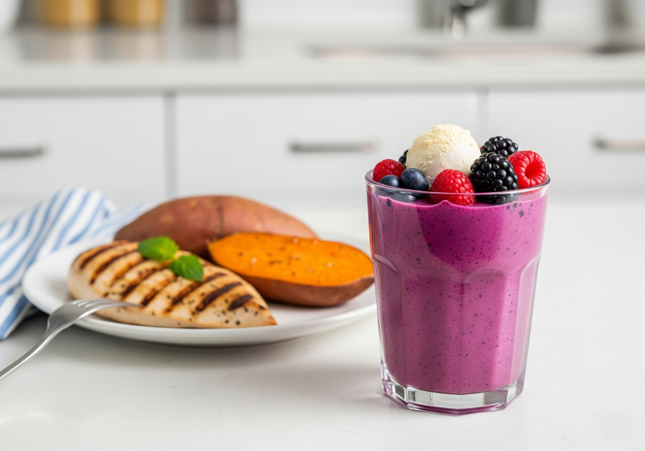 Um batido vibrante com frutos silvestres e uma bola de gelado no topo, em primeiro plano, com um prato de peito de frango grelhado e batata doce assada em segundo plano. A cena é brilhante e limpa, transmitindo uma sensação de frescura e energia, ideal para uma refeição pós-treino.
