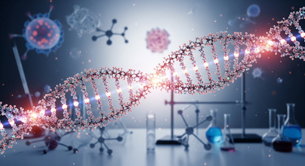 Uma imagem conceitual de uma dupla hélice de DNA brilhante, composta por moléculas de aminoácidos coloridas. O fundo mostra um laboratório com modelos moleculares, simbolizando a biologia e a química.