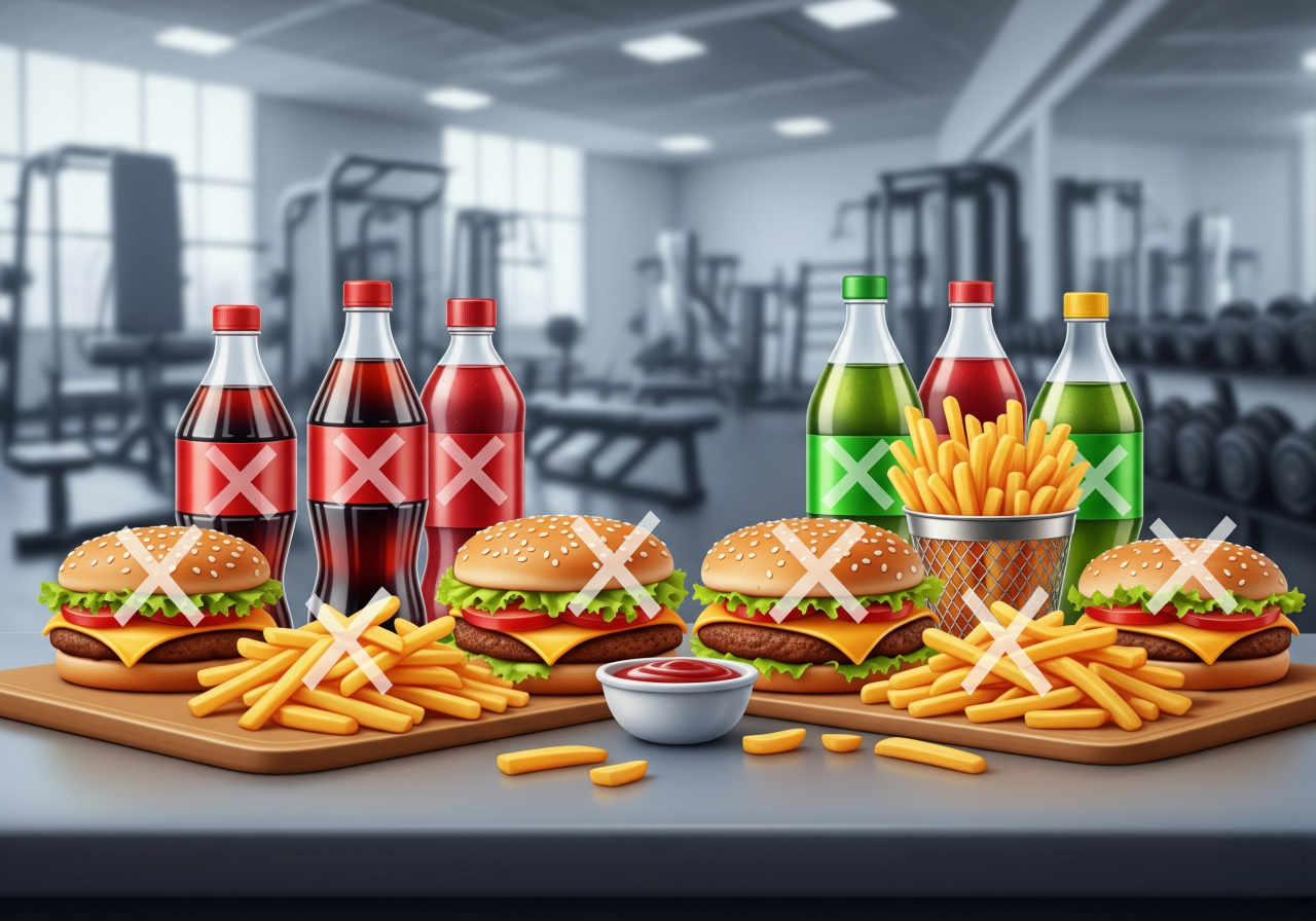 Uma representação visualmente pouco apelativa de alimentos não saudáveis, incluindo refrigerantes açucarados, hambúrgueres gordurosos e batatas fritas, dispostos numa mesa. Marcas "X" subtis sobrepõem-se a estes alimentos, indicando que devem ser evitados. O fundo mostra um ginásio ligeiramente desfocado, sugerindo um cenário pós-treino.