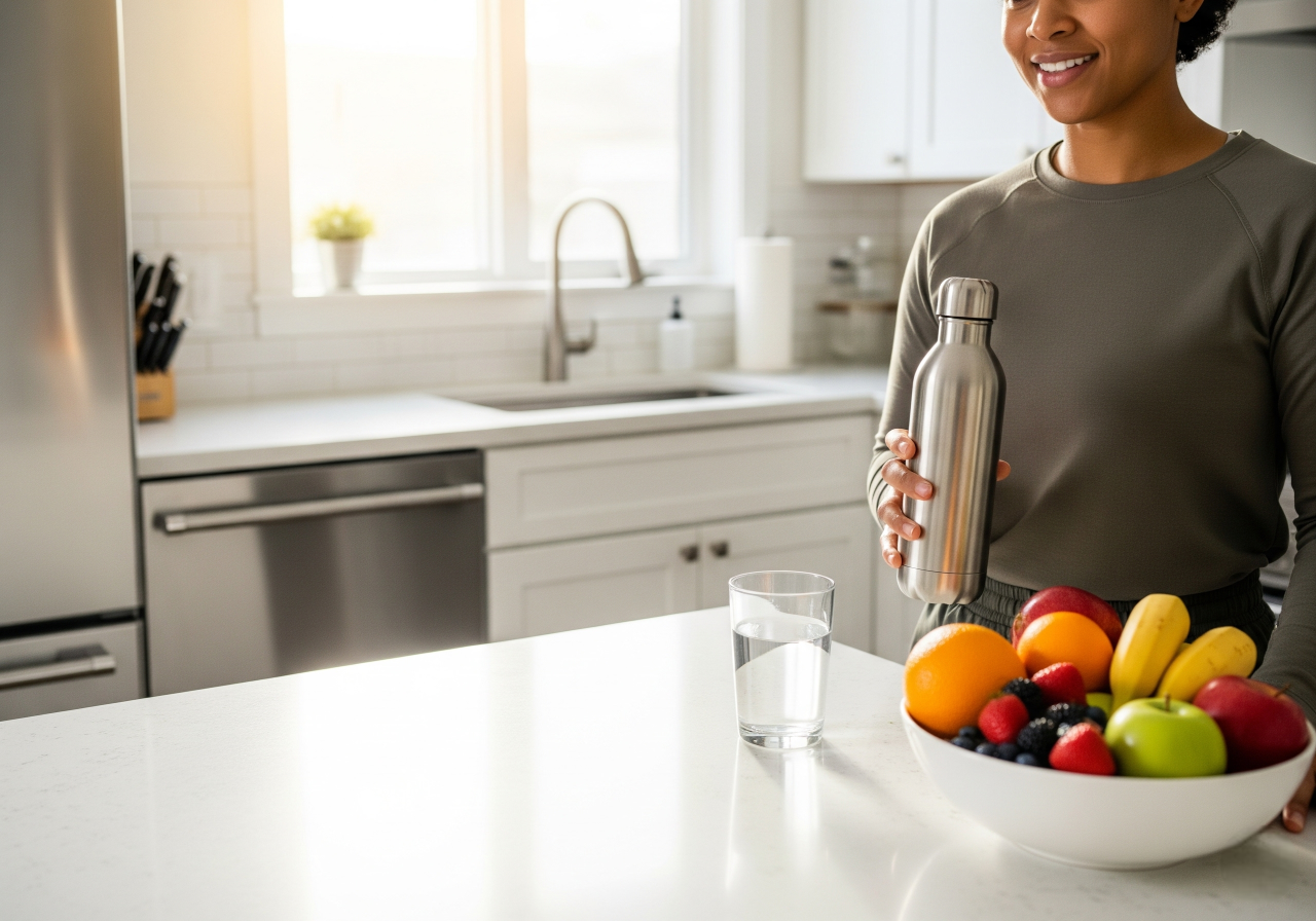 Uma pessoa em uma cozinha moderna segura uma garrafa de água reutilizável, ao lado de um copo d'água e uma tigela de frutas frescas sobre uma bancada. Esta imagem ilustra a Importância da Hidratação na Reeducação Alimentar, enfatizando a conexão entre beber água e hábitos alimentares saudáveis para energia e bem-estar. Palavras-chave: Hidratação, Reeducação Alimentar, Hábitos Saudáveis, Garrafa Reutilizável.