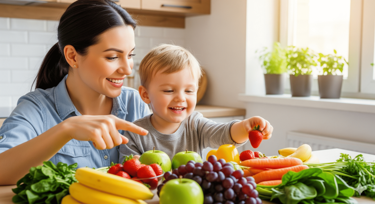 Uma mãe e uma criança, sorrindo e felizes, estão em uma cozinha clara e moderna, com uma grande variedade de frutas e vegetais frescos em uma bancada. A criança está alcançando uma fruta, enquanto a mãe aponta para ela. A imagem transmite uma sensação de família e alimentação saudável.