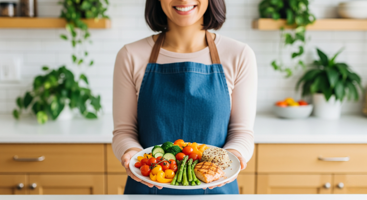 Uma pessoa sorrindo, usando um avental, segura um prato com uma refeição flexitariana equilibrada, contendo salmão grelhado, quinoa, brócolis, espargos e tomates cereja. O fundo é uma cozinha moderna e clara, com plantas, que simbolizam sustentabilidade e saúde.