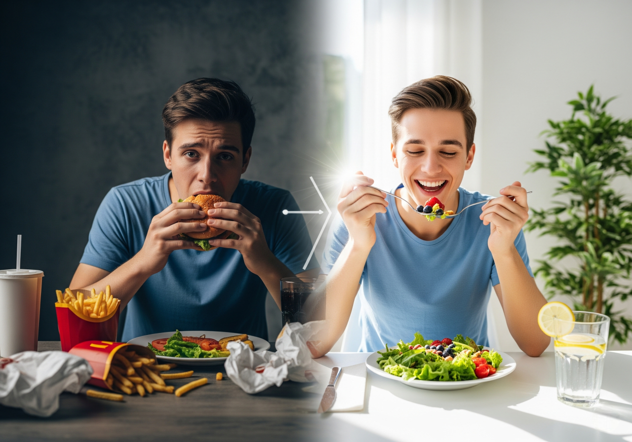 Uma imagem de tela dividida que representa a Reeducação Alimentar: Uma Transformação de Dentro para Fora. No lado esquerdo, uma pessoa com uma expressão insatisfeita come um hambúrguer com batatas fritas e refrigerante em um ambiente escuro. No lado direito, a mesma pessoa sorri enquanto come uma salada saudável e bebe água com limão em um ambiente claro e bem iluminado. A imagem destaca a transformação de hábitos alimentares e seus benefícios para o bem-estar e a energia. Palavras-chave: Reeducação Alimentar, Alimentação Saudável, Transformação, Bem-Estar, Hábitos Alimentares.