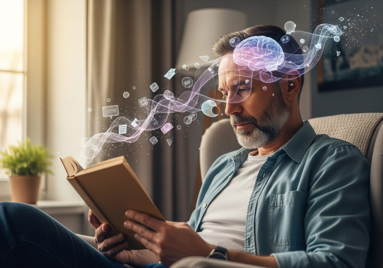 Um homem de meia-idade, com barba, está absorto na leitura de um livro físico numa poltrona. Elementos abstratos e etéreos em tons pastel flutuam subtilmente à volta da sua cabeça, representando a atividade cerebral e a dissipação das distrações digitais. O ambiente é calmo e bem iluminado, com um estilo artístico e conceptual que mistura elementos realistas e abstratos.