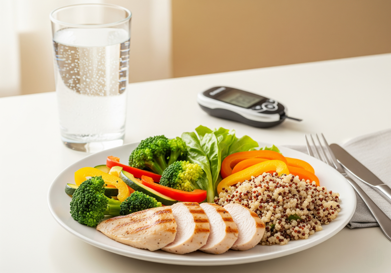 Um prato equilibrado de comida saudável, incluindo vegetais coloridos como brócolos e pimentos, peito de frango grelhado e quinoa, com um copo de água ao lado. Um medidor de glicose moderno está subtilmente posicionado no fundo. A cena é bem iluminada, transmitindo uma sensação de bem-estar e saúde.