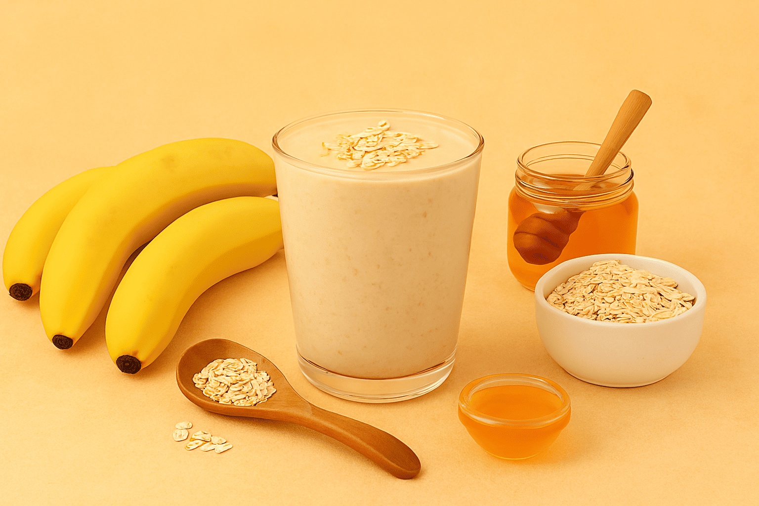 "Vitamina de banana e aveia servida em um copo transparente, cercada por ingredientes naturais: bananas maduras, aveia em flocos em uma colher de madeira e tigela branca, além de um pote de mel com um dipper de madeira. Fundo quente em tons de laranja transmite sensação de aconchego e energia