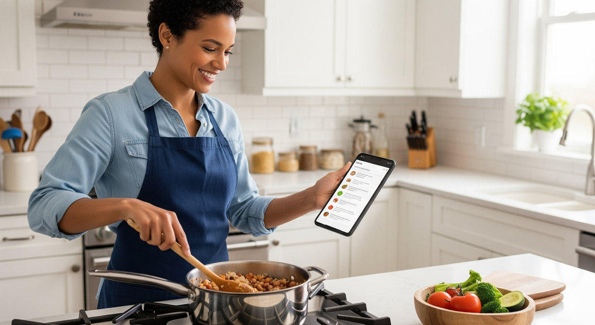 Uma mulher sorridente em uma cozinha moderna, vestindo um avental azul e uma camisa jeans, prepara uma refeição saudável em uma panela, enquanto consulta uma lista de compras ou receita em seu smartphone, que tem uma lista de alimentos saudáveis na tela. Ela está feliz e em um ambiente de cozinha clara e organizada, com vegetais frescos na bancada.