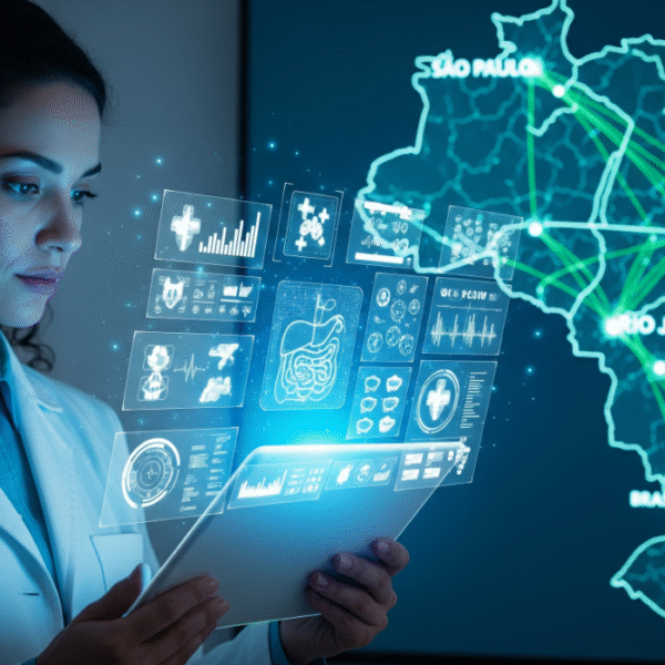 Uma médica brasileira com jaleco, usando um tablet futurista, analisa dados médicos holográficos. Ao fundo, um mapa digital do Brasil mostra uma rede de linhas brilhantes que conectam diferentes cidades, simbolizando a inovação tecnológica na área da saúde.