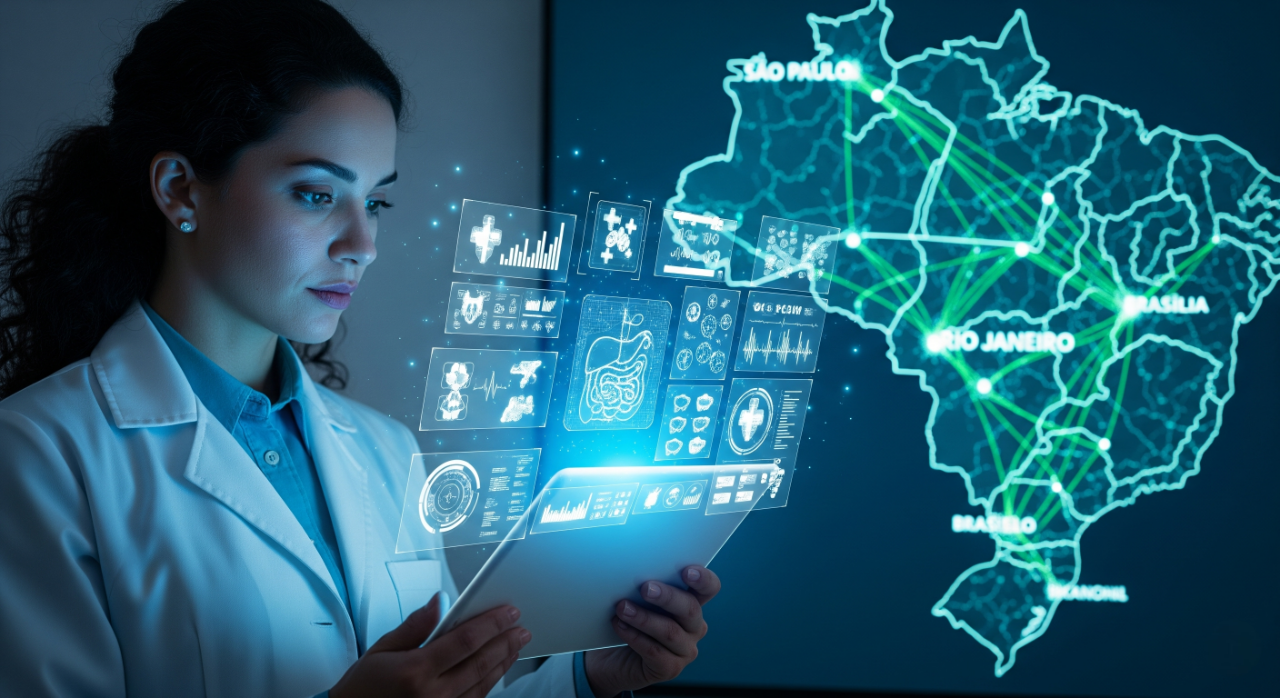 Uma médica brasileira com jaleco, usando um tablet futurista, analisa dados médicos holográficos. Ao fundo, um mapa digital do Brasil mostra uma rede de linhas brilhantes que conectam diferentes cidades, simbolizando a inovação tecnológica na área da saúde.