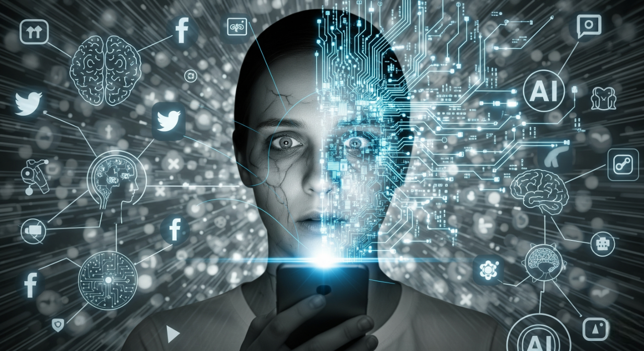 Uma imagem assustadora de uma pessoa com uma expressão vazia, segurando um smartphone que emite um brilho azul em seu rosto. Metade do rosto da pessoa é coberta por um design de circuito eletrônico brilhante, e há ícones de redes sociais e inteligência artificial flutuando ao redor, sobre um fundo digital abstrato.