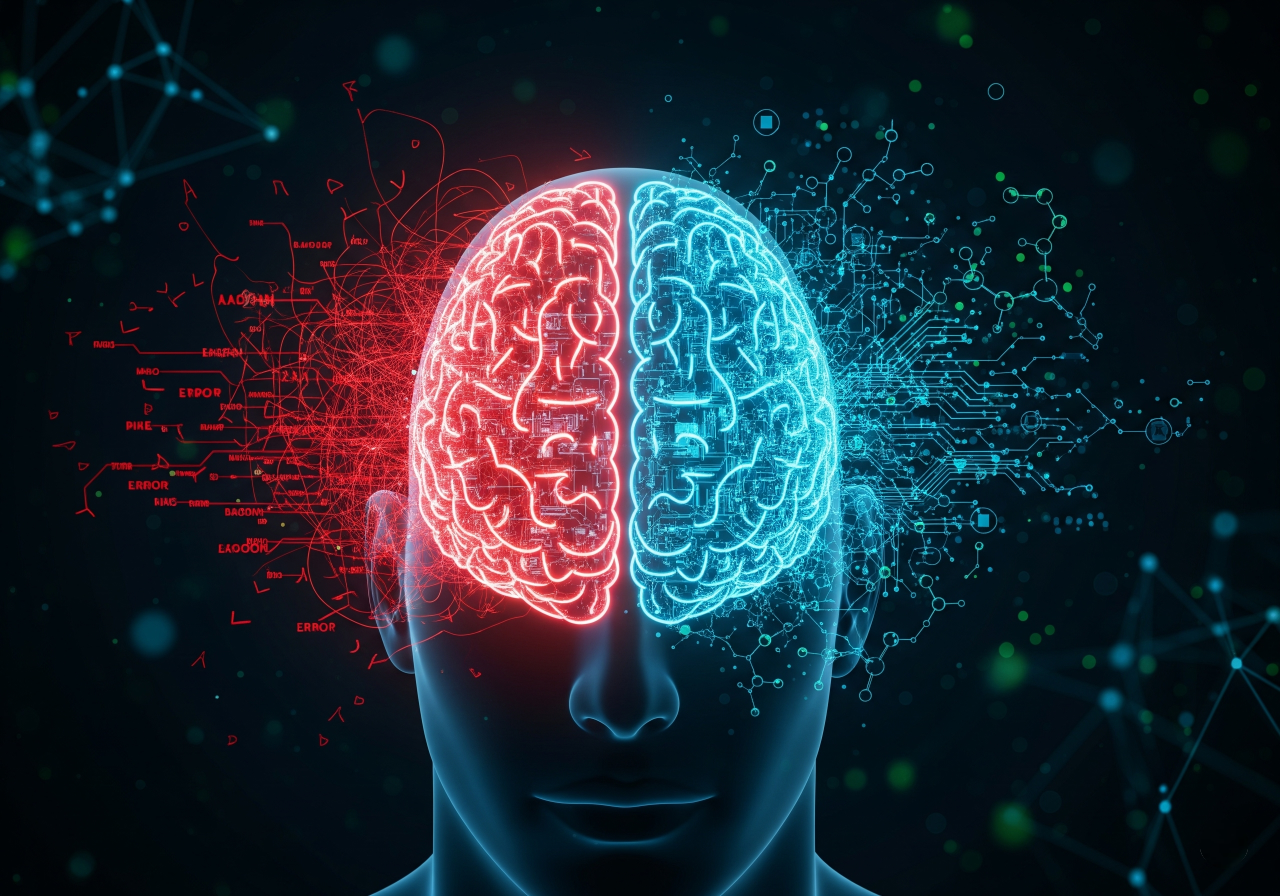 Uma imagem abstrata e de alta tecnologia mostrando uma cabeça humana com um cérebro brilhante. O lado esquerdo do cérebro apresenta linhas de erro vermelhas caóticas, enquanto o lado direito é preenchido com padrões limpos e intrincados, semelhantes a circuitos azuis e verdes, simbolizando a transformação de erros em avanços tecnológicos na inovação em saúde global.