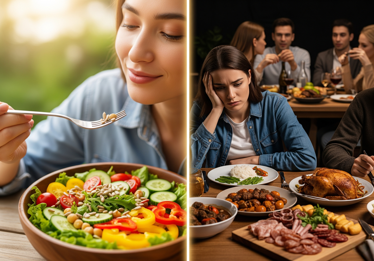 Uma imagem de tela dividida que representa as Motivações e Desafios para aderir ao Vegetarianismo. No lado esquerdo, uma pessoa sorri enquanto desfruta de uma salada colorida e vibrante, simbolizando os benefícios de saúde e bem-estar. No lado direito, a mesma pessoa, com uma expressão pensativa, está sentada em uma mesa de jantar com pratos de carne, destacando os desafios sociais e as dificuldades da transição para a dieta vegetariana. Palavras-chave: vegetarianismo, dieta vegetariana, desafios vegetarianos, alimentação consciente, transição alimentar.