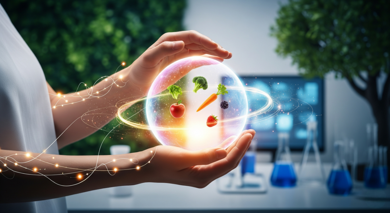 As mãos de uma pessoa seguram uma esfera brilhante que contém frutas e vegetais em miniatura. A esfera está conectada ao corpo da pessoa por linhas de luz, simbolizando a nutrição e a imunidade. O fundo mistura elementos de um laboratório e da natureza, representando a ciência e a saúde.