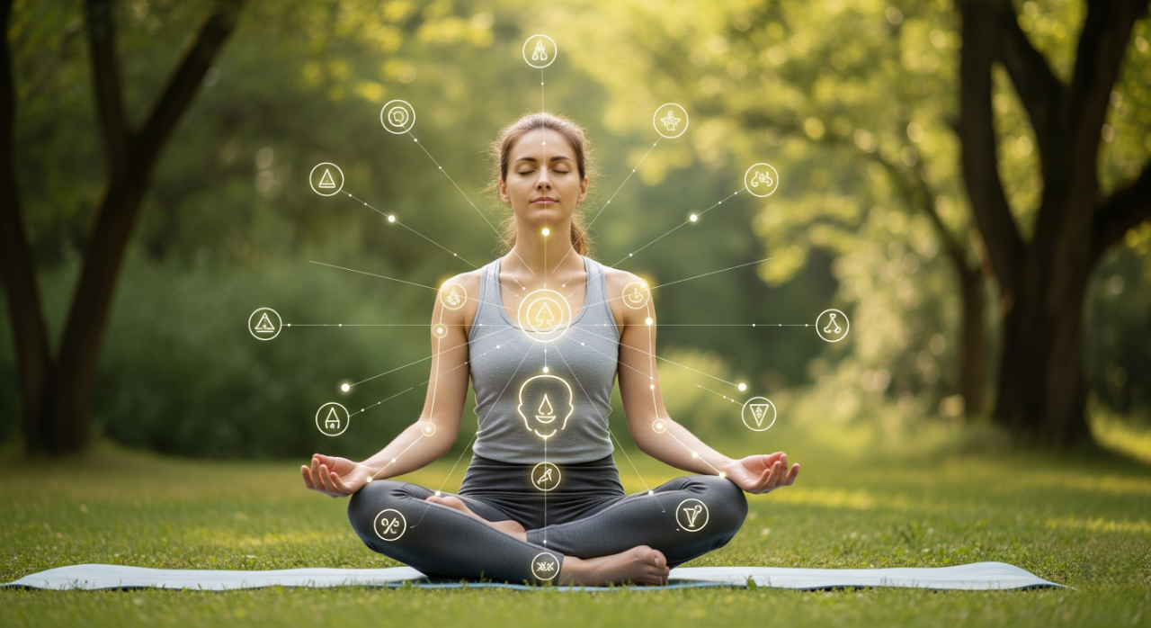 Uma imagem conceitual de uma pessoa meditando em um jardim, com linhas e símbolos brilhantes que irradiam de seu corpo. A cena transmite uma sensação de paz, bem-estar e o poder das terapias alternativas.