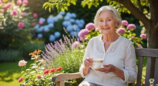 Uma senhora idosa e saudável, com um sorriso gentil, sentada em um banco de jardim sob a luz do sol da manhã e segurando uma xícara de chá. A imagem transmite paz e longevidade.