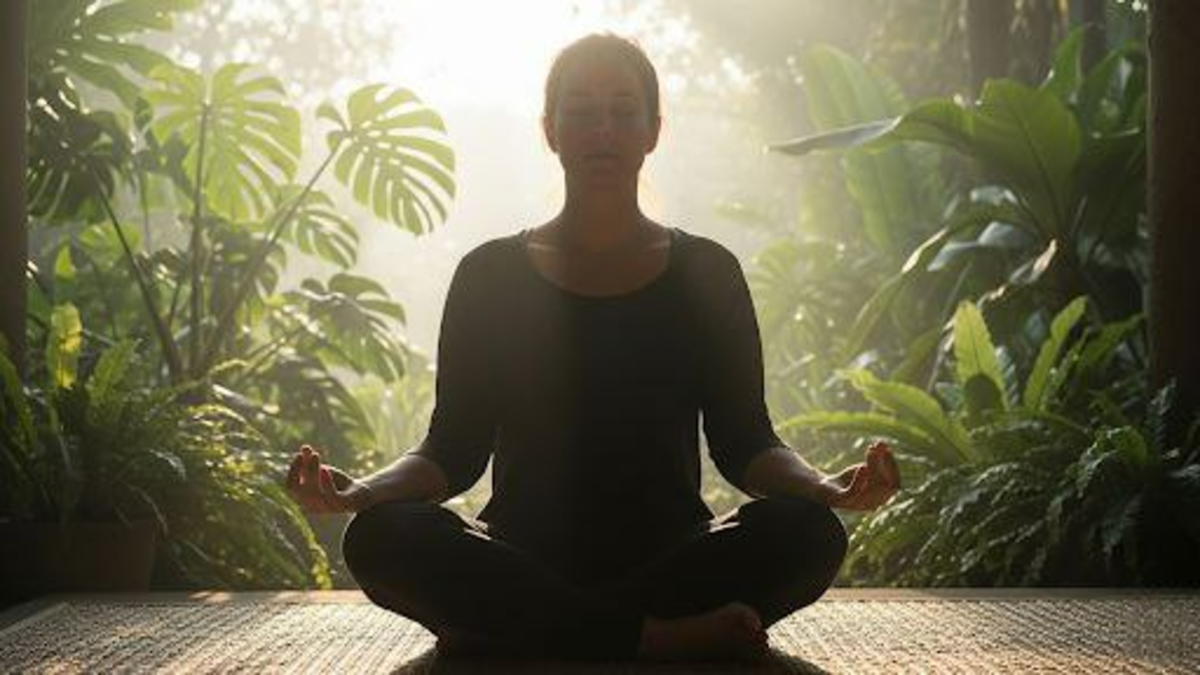 Uma pessoa sentada em pose de meditação em um ambiente natural, banhada pela luz suave do sol da manhã. A cena transmite tranquilidade e paz.