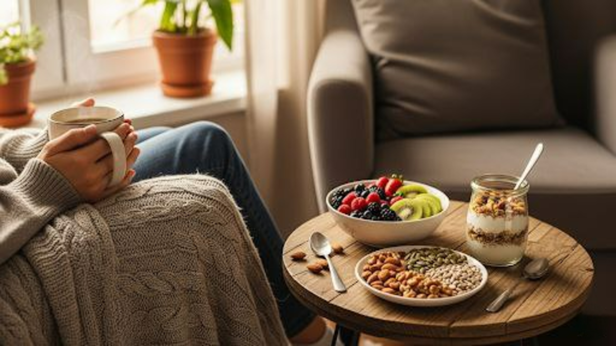 Lanches saudáveis para o café da tarde: uma pessoa relaxa com uma xícara de chá ao lado de um prato com frutas e nozes.