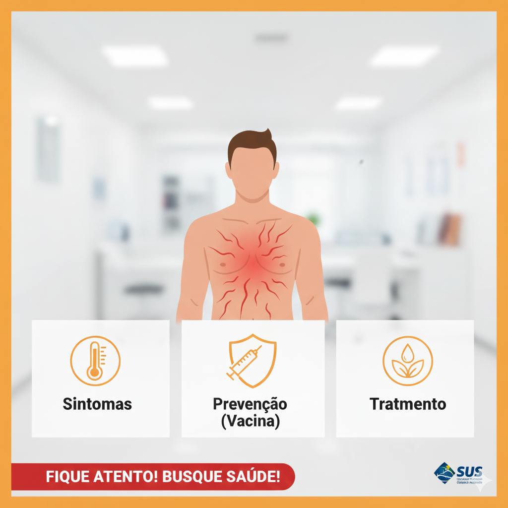 Uma imagem gráfica que destaca o sarampo adulto. No centro, um homem com erupções cutâneas no peito, simbolizando os sintomas. Abaixo, três caixas com ícones: um termômetro para "Sintomas", um escudo com seringa para "Prevenção (Vacina)" e uma folha para "Tratamento". A imagem é em tons claros de verde e branco, com um rodapé vermelho alertando "FIQUE ATENTO! BUSQUE SAÚDE!" e o logotipo do SUS, ilustrando informações cruciais sobre o sarampo.
