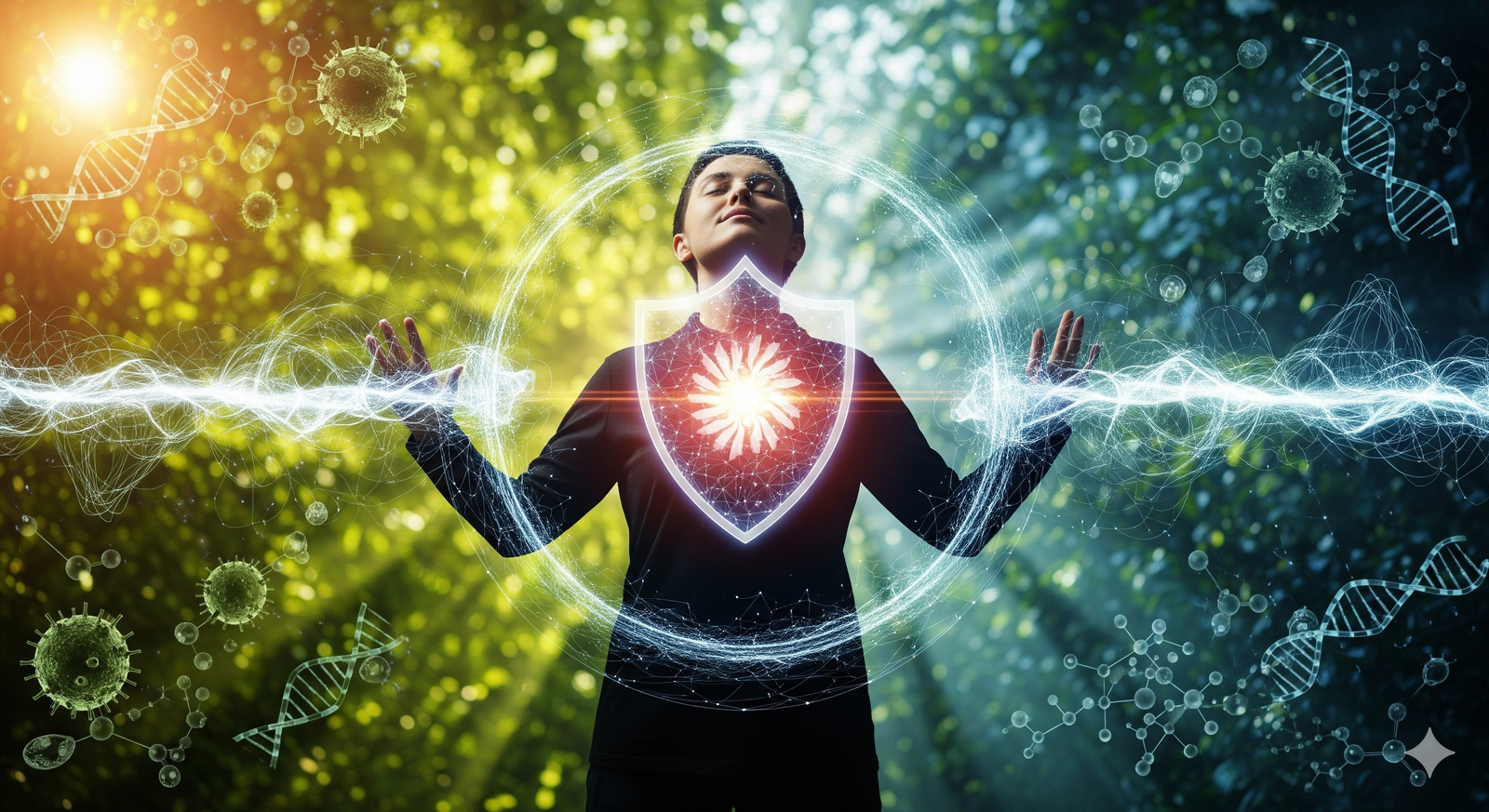 Uma imagem conceitual de uma pessoa com os olhos fechados e os braços estendidos, cercada por um escudo de energia brilhante com um símbolo de saúde no centro. Partículas de luz e formas de DNA irradiam da pessoa. No fundo, há vírus e bactérias, simbolizando a proteção contra doenças.