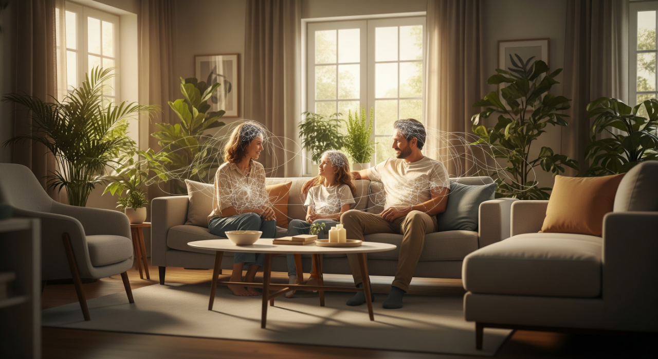 Uma imagem conceitual de uma família (mãe, pai e filha) em uma sala de estar bem iluminada e harmoniosa. Linhas brilhantes e interconectadas flutuam ao redor deles, simbolizando o impacto da neuroarquitetura no bem-estar familiar.