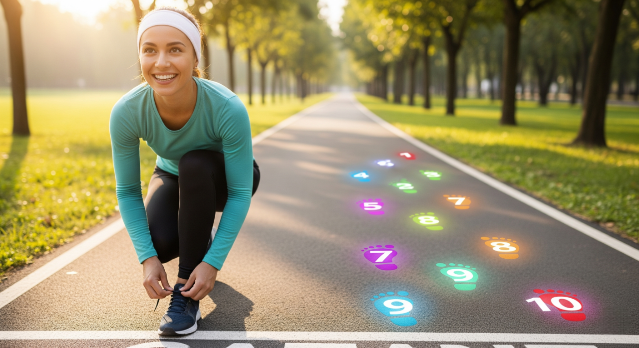 Uma mulher sorridente amarrando o tênis em uma pista de corrida em um parque. À sua frente, há dez pegadas coloridas e numeradas que se iluminam no chão, simbolizando os "10 passos" de um guia de vida saudável.