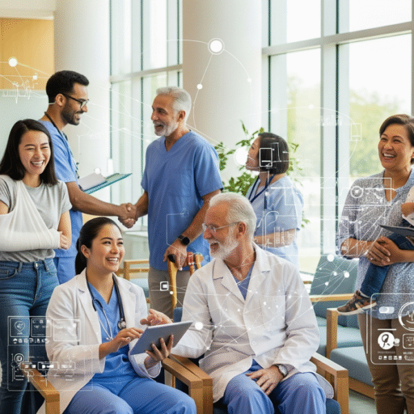 Uma imagem conceitual de profissionais de saúde e pacientes sorrindo e interagindo em um ambiente de clínica moderna. Há sobreposições holográficas sutis com dados de saúde e redes digitais, simbolizando a inovação e o bem-estar do paciente.