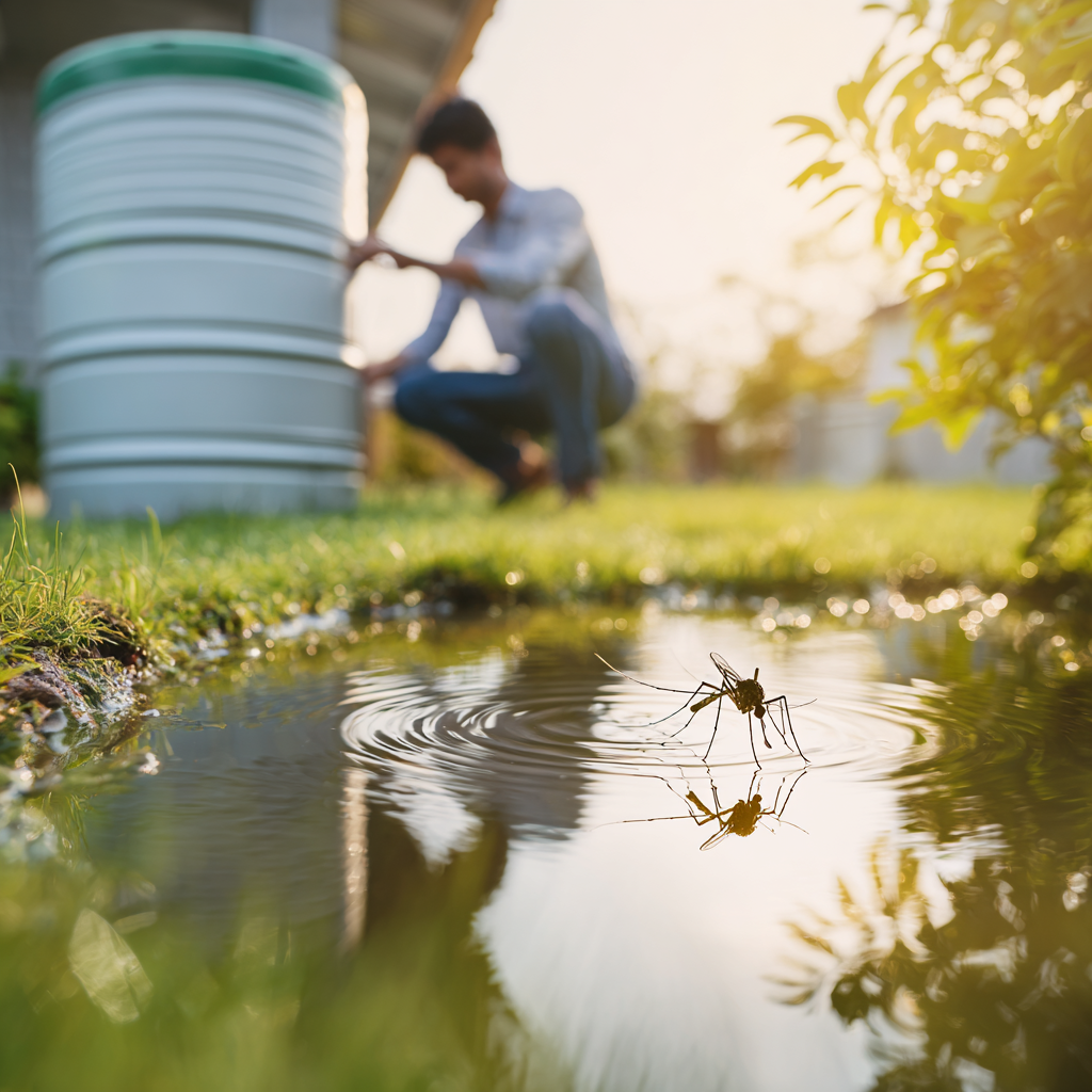Ações de prevenção contra a dengue em ambiente doméstico, destacando o controle do mosquito Aedes aegypti e cuidados com água parada