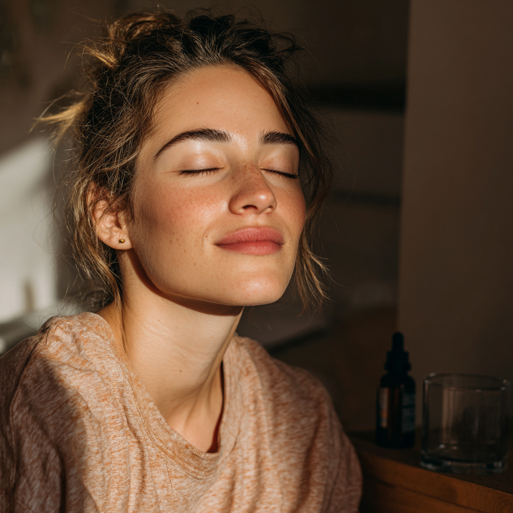 Suplemento de magnésio inositol em pó com elementos naturais representando calma e saúde mental.