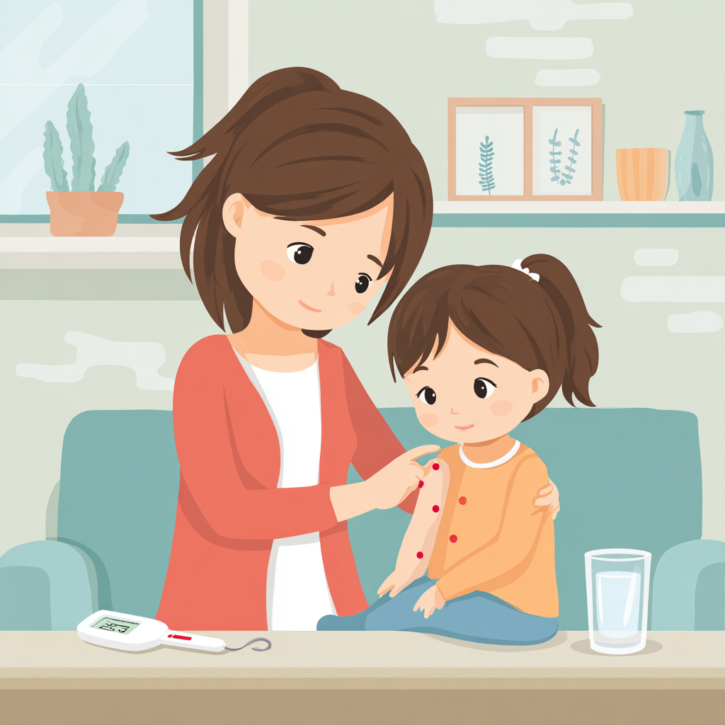 Uma imagem acolhedora e profissional de uma mãe cuidando de uma criança pequena em um ambiente doméstico confortável. A criança tem algumas pequenas manchas vermelhas discretas no braço