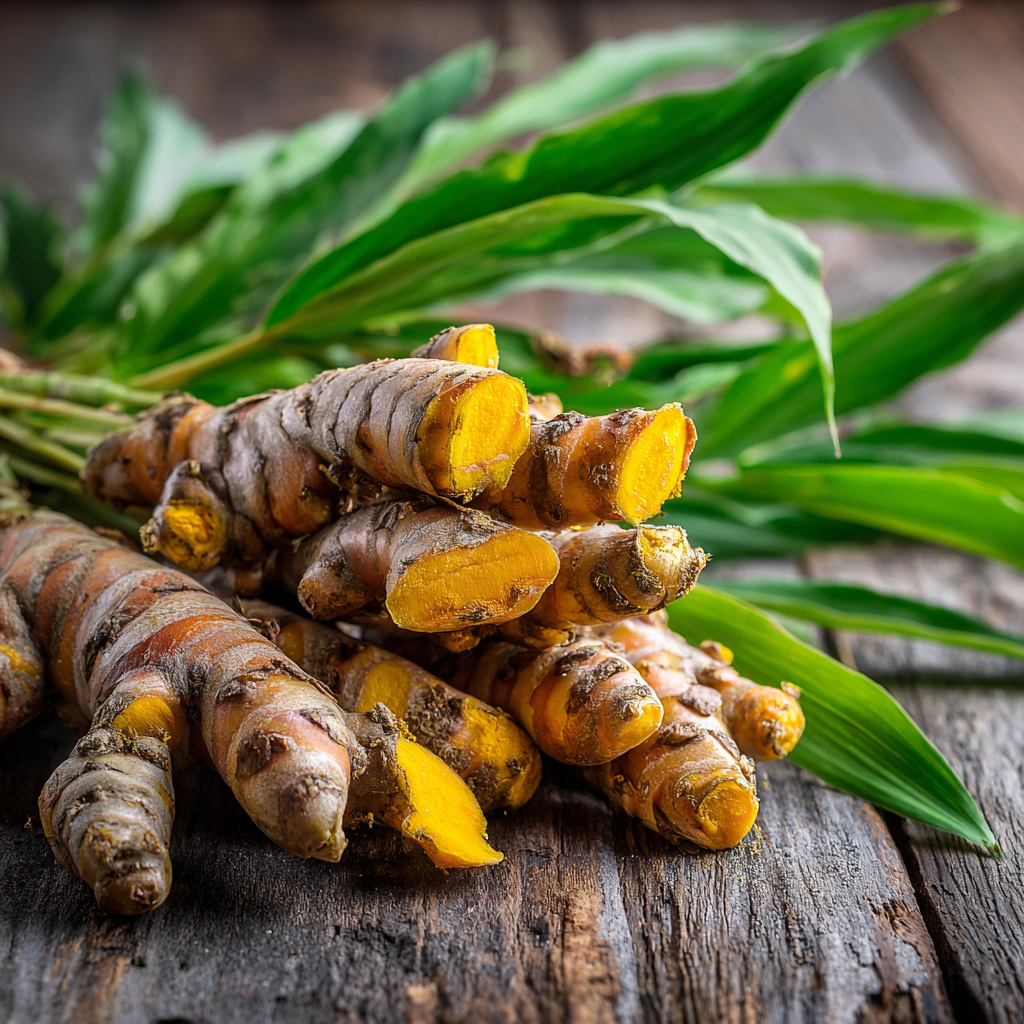 Raízes de açafrão naturais destacando a sustentabilidade do consumo em pó.