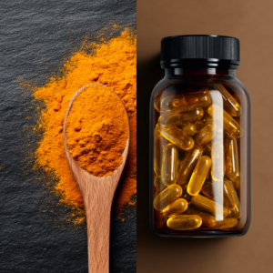 Comparativo entre cúrcuma em pó e suplemento de cúrcuma em cápsulas."