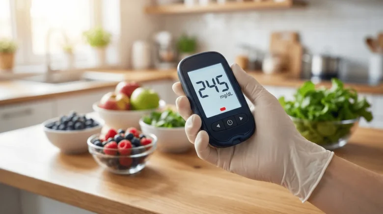 Pessoa medindo o açúcar alto no sangue com glicosímetro digital em casa.