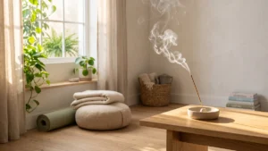 Ambiente calmo e iluminado pelo sol com fumaça leve de incenso, representando o relaxamento e os exercícios de respiração para ansiedade.