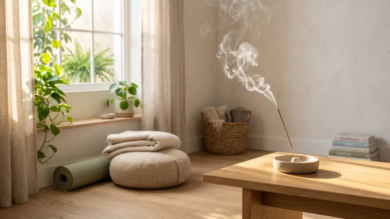 Ambiente calmo e iluminado pelo sol com fumaça leve de incenso, representando o relaxamento e os exercícios de respiração para ansiedade.