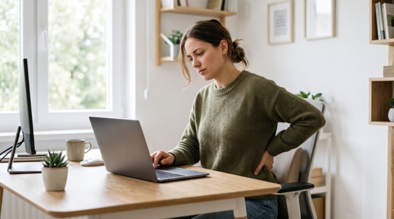 Mulher trabalhando sentada em frente ao computador sentindo dor nas costas e pernas, representando as consequências do sedentarismo.