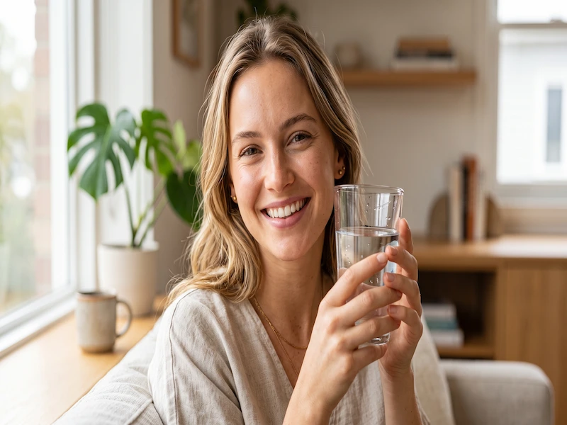 Mulher sorridente e saudável bebendo água pela manhã para hidratação da pele e do corpo.